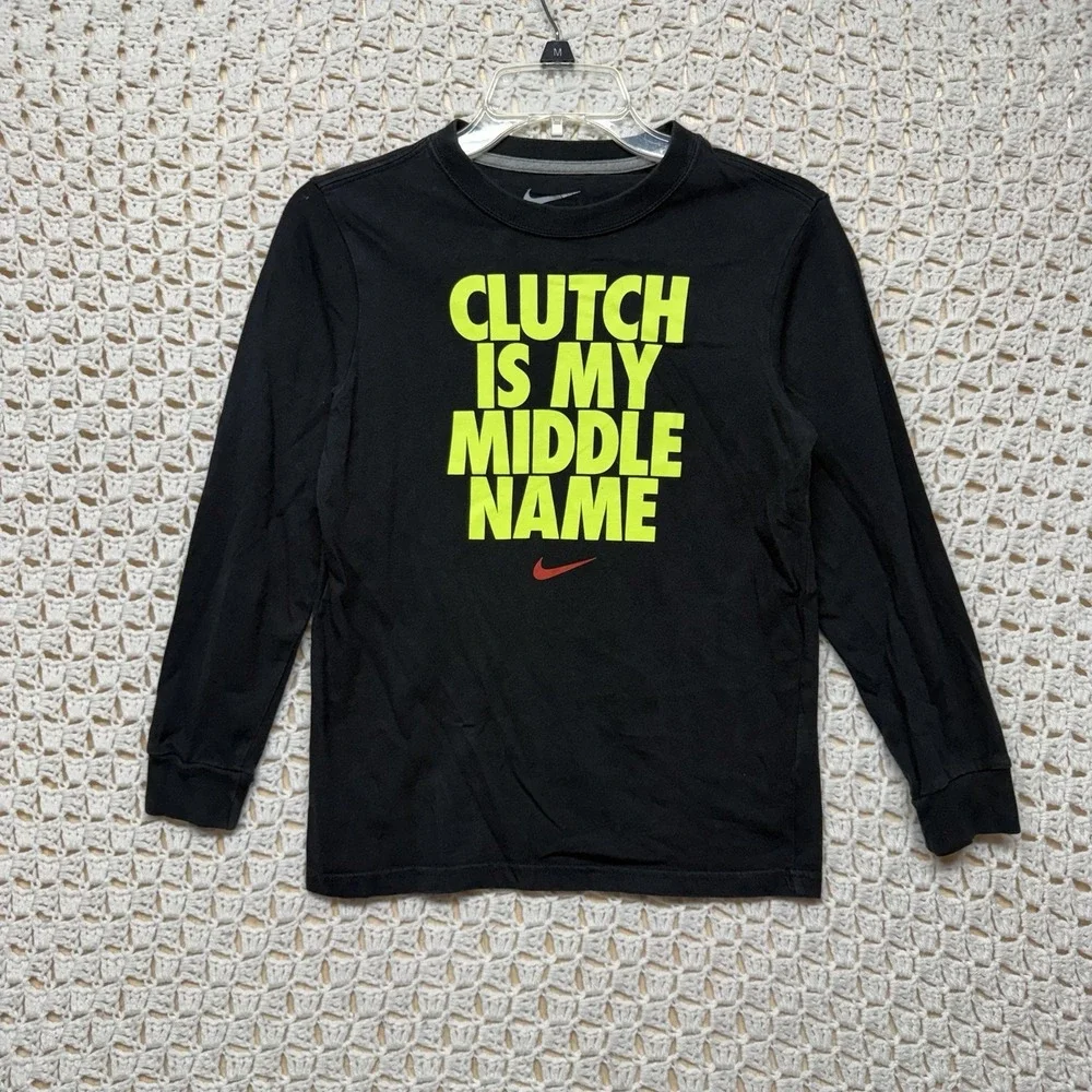 Nike T Shirt Boys Youth Sz M Black Long Sleeve Clutch Is My Middle Name 549105-